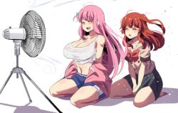 Rule 34 | 2girls, absurdres, black skirt, blue shorts, blush, bocchi the rock!, breasts, cleavage, closed eyes, collarbone, commentary, cube hair ornament, electric fan, english commentary, flat chest, girlsmell particles (meme), gotoh hitori, hair ornament, highres, hinghoi, jacket, kita ikuyo, large breasts, long hair, multiple girls, navel, one side up, open mouth, pink hair, pink jacket, pleated skirt, red hair, school uniform, short sleeves, shorts, shuka high school uniform, simple background, skirt, smile, sweat, tank top, track jacket, white background, white tank top