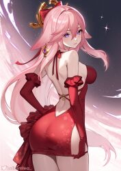 Rule 34 | 1girl, animal ears, ass, backless dress, backless outfit, bare back, bare shoulders, breasts, commentary, cowboy shot, dress, elbow gloves, fox ears, from behind, genshin impact, gloves, helloimtea, highres, long hair, looking at viewer, looking back, medium breasts, pencil dress, pink hair, purple eyes, red dress, red gloves, short dress, solo, standing, thighs, very long hair, yae miko