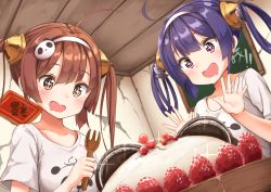Rule 34 | + +, 2girls, :d, ahoge, ame., azur lane, blush, brown eyes, brown hair, collarbone, commentary request, drooling, dutch angle, food, fruit, hair between eyes, hair rings, hairband, hairpods, hands up, holding, holding spork, indoors, multiple girls, ning hai (azur lane), open mouth, ping hai (azur lane), poverty, purple eyes, purple hair, shirt, short sleeves, sidelocks, smile, sparkle, spork, strawberry, twintails, white hairband, white shirt