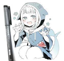 Rule 34 | 1girl, :d, blue eyes, blue hair, blue hoodie, blush, claw pose, commentary, drawstring, feet out of frame, fins, fish tail, gawr gura, hands up, highres, hololive, hololive english, hood, hood up, hoodie, long sleeves, multicolored hair, open mouth, photo (medium), shark tail, sharp teeth, signature, simple background, smile, sofra, solo, squatting, star (symbol), streaked hair, tail, teeth, traditional media, twitter username, virtual youtuber, white background, wide sleeves