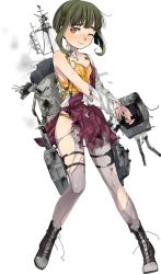 Rule 34 | 10s, 1girl, ahoge, ankle boots, blush, bob cut, boots, bra, braid, brown eyes, cannon, cross-laced footwear, fujikawa, full body, green hair, grimace, kantai collection, lace-up boots, machinery, official art, one eye closed, panties, panties under pantyhose, pantyhose, plaid, plaid panties, short hair, sidelocks, solo, sports bra, takanami (kancolle), tears, torn clothes, torn pantyhose, transparent background, turret, underwear, yellow bra, yellow panties