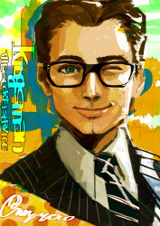 Rule 34 | 1boy, blue background, brown hair, cleft chin, facing viewer, formal, gary unwin, glasses, green eyes, highres, kingsman: the golden circle, kingsman: the secret service, necktie, oko (ocotaros), one eye closed, orange background, portrait, smile, solo, suit