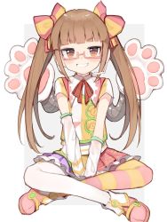 Rule 34 | 1girl, animal hands, between legs, blunt bangs, boots, bow, brown eyes, brown hair, detached sleeves, frilled skirt, frills, full body, glasses, grin, hair bow, hand between legs, headset, highres, idolmaster, idolmaster cinderella girls, ikebukuro akiha, long hair, looking at viewer, mechanical arms, pink-framed eyewear, pleated skirt, semi-rimless eyewear, shone, simple background, single thighhigh, sitting, skirt, smile, solo, striped clothes, striped thighhighs, thighhighs, twintails, under-rim eyewear, v-shaped eyebrows, v arms, white background