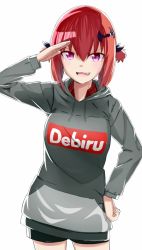 Rule 34 | 1girl, :3, bat hair ornament, black ribbon, black shorts, clothes writing, commentary, cowboy shot, drawstring, english commentary, english text, fang, gabriel dropout, grey jacket, hachikirra, hair ornament, hair ribbon, hand on own hip, highres, hood, hoodie, jacket, leaning to the side, long sleeves, looking at viewer, open mouth, print jacket, purple eyes, red hair, ribbon, romaji text, salute, satanichia kurumizawa mcdowell, short hair, short shorts, shorts, simple background, smile, solo, standing, translated, two side up, v-shaped eyebrows, white background