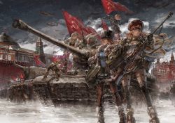 Rule 34 | 5girls, :d, absurdres, aircraft, airplane, bad id, bad twitter id, communism, flag, fur trim, gorget, gun, hammer and sickle, hat, highres, is-2, kv-2, lena tolubka, long hair, military, military vehicle, motor vehicle, multiple girls, natalia borisova, official art, open mouth, pantyhose, panzer waltz, personification, pink hair, ponytail, red square, rifle, russia, russian text, serious, smile, snow, snowing, sophia malinovskaya, soviet, stu dts, suzanne petrova, tank, thighhighs, turret, twintails, vehicle focus, weapon, white hair, world war ii, zoya zhukova