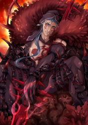 Rule 34 | 1boy, blue hair, bodypaint, cape, cu chulainn (fate), cu chulainn (fate) (all), cu chulainn (fate/stay night), cu chulainn alter (fate), cu chulainn alter (fate/grand order), earrings, elbow gloves, facepaint, fate/grand order, fate (series), fire, frown, fur, gae bolg (fate), gloves, holding, holding weapon, hood, hood up, jewelry, koya-102, lancer, long hair, looking at viewer, male focus, monster boy, pants, ponytail, red eyes, sitting, skin tight, skull, slit pupils, solo, spikes, spread legs, topless male, type-moon, weapon