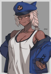 Rule 34 | 1girl, blue headwear, blue jacket, border, braid, breasts, cleavage, closed mouth, cowboy shot, dark-skinned female, dark skin, facial mark, fang, fang out, final fantasy, final fantasy xiv, grey background, hands on own hips, jacket, large breasts, looking at viewer, miqo&#039;te, open clothes, open jacket, shirt, signature, single braid, smile, smug, solo, symbol-only commentary, upper body, whisker markings, white border, white hair, white shirt, zakusi