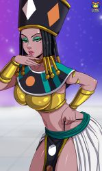 Rule 34 | 1girl, bracer, breasts, dragon ball, dragon ball super, eyebrows, eyeshadow, feet out of frame, female focus, fingernails, green eyes, green eyeshadow, helles, large breasts, lips, lipstick, long hair, looking at viewer, makeup, mole, mole under eye, navel, nose, panties, parted lips, shiny skin, solo, tagme, underwear