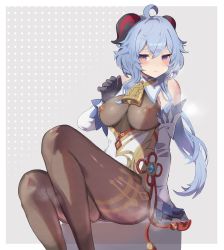 Rule 34 | :&lt;, ahoge, arm support, bare shoulders, bell, black gloves, black pantyhose, blue hair, blush, breasts, chinese knot, covered erect nipples, detached sleeves, flower knot, ganyu (genshin impact), genshin impact, gloves, gold trim, highres, horns, long hair, looking at viewer, low ponytail, medium breasts, multicolored eyes, neck bell, nipples, paid reward available, pantyhose, see-through, sidelocks, sitting, solo, steaming body, sukoyaka93, tassel, thighlet, v-shaped eyebrows, vision (genshin impact), white sleeves