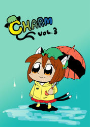Rule 34 | 1girl, :3, animal ears, bkub, boots, brown hair, cat ears, cat girl, cat tail, chen, chibi, earrings, female focus, gradient background, hat, jewelry, multiple tails, outdoors, puddle, rain, raincoat, short hair, skirt, solo, tail, touhou, umbrella
