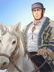 Rule 34 | 1boy, ainu clothes, bara, beard, black hair, bursting pectorals, buzz cut, chest hair, collared shirt, facial hair, feet out of frame, golden kamuy, headband, horseback riding, large pectorals, looking at viewer, male focus, mature male, muscular, muscular male, nopinzo, official alternate costume, pectoral cleavage, pectorals, riding, shirt, short hair, sideburns, smile, solo, tanigaki genjirou, thick eyebrows, very short hair, white horse