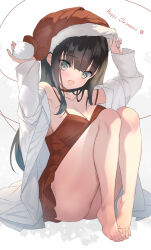 Rule 34 | 1girl, barefoot, black hair, breasts, choker, dress, emily (pure dream), green eyes, hat, highres, jacket, long hair, looking at viewer, medium breasts, merry christmas, open clothes, open jacket, open mouth, original, red choker, red dress, santa hat, sitting, solo
