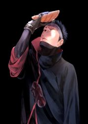 Rule 34 | 1boy, akatsuki (naruto), akatsuki uniform, bandaged head, bandages, black gloves, black hair, commentary request, gloves, high collar, highres, holding, holding mask, male focus, mask, unworn mask, naruto (series), naruto shippuuden, one eye closed, red eyes, scar, scar on face, sharingan, solo, spiked hair, uchiha obito, wide sleeves, zifletts