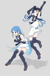 Rule 34 | 2girls, arms up, bad id, bad twitter id, blue eyes, blue gloves, blue hair, clenched hands, elbow gloves, closed eyes, full body, gloves, gradient hair, grey background, grin, high heels, highres, jumping, kantai collection, koubakotone, long hair, low twintails, multicolored hair, multiple girls, neckerchief, open mouth, sailor collar, samidare (kancolle), simple background, smile, standing, suzukaze (kancolle), symbol-only commentary, thighhighs, twintails