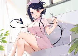 Rule 34 | 1girl, :d, black hair, blue eyes, blush, breasts, commentary request, couch, crossed legs, demon tail, folded ponytail, hair ornament, hairclip, hat, heterochromia, indoors, large breasts, looking at viewer, muryotaro, official art, open mouth, original, plant, pointy ears, red eyes, scissors, short hair, short sleeves, sitting, smile, solo, stethoscope, tail, window, wing collar