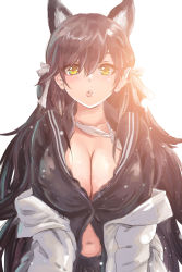 Rule 34 | 1girl, :o, alternate costume, atago (azur lane), atago (school traumerei) (azur lane), atago (school traumerei) (azur lane), azur lane, black sailor collar, black serafuku, black shirt, blush, breasts, buttons, cardigan, cleavage, collarbone, commentary request, covered erect nipples, extra ears, hair between eyes, hair flaps, hair ornament, hair ribbon, highres, large breasts, long hair, long sleeves, looking at viewer, mole, mole under eye, navel, neckerchief, no bra, off shoulder, open mouth, ribbon, rosie99, sailor collar, school uniform, serafuku, shirt, sidelocks, simple background, solo, very long hair, white background, white cardigan, white ribbon, yellow eyes