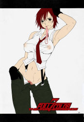 Rule 34 | 1girl, colorized, condom, cum, cum in mouth, gloves, green pants, highres, mature female, necktie, nipples, nipples visible through clothes, no panties, open clothes, open pants, pants, pubic hair, red hair, red tie, saigado, shirt, short hair, snk, suspenders, sweat, the king of fighters, used condom, vanessa (kof), white shirt