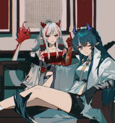 Rule 34 | 2girls, aqua hair, arknights, bandeau, belt, black belt, black shorts, black skin, blue horns, coat, collarbone, colored skin, cup, dragon girl, dragon horns, dragon tail, earrings, flame-tipped tail, gradient hair, gradient skin, holding, holding cup, horns, jewelry, ling (arknights), long hair, multicolored hair, multiple girls, necktie, nian (arknights), one eye closed, open clothes, open coat, pe902, pointy ears, ponytail, purple eyes, red bandeau, red hair, red horns, red skin, shorts, siblings, sidelocks, strapless, streaked hair, tail, tassel, tassel earrings, tube top, white coat, white hair, white shorts, yellow necktie