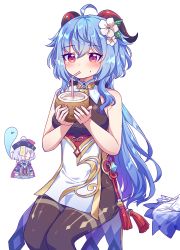 Rule 34 | 2girls, ahoge, bell, black legwear, blue hair, blush, breasts, chinese knot, coconut, commentary request, drinking, drinking straw, drooling, flower knot, fruit cup, ganyu (genshin impact), genshin impact, gold trim, hat, highres, horns, kaoling, long hair, medium breasts, multicolored eyes, multiple girls, neck bell, no gloves, pink hair, qiqi (genshin impact), sidelocks, simple background, sitting, sleeveless, unworn sleeves, sweat, tassel, thighlet, vision (genshin impact), white background