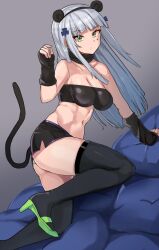 Rule 34 | 1girl, animal ears, armpit crease, ass, bandeau, bare shoulders, black bandeau, black gloves, black shorts, black thighhighs, blue cross, blunt bangs, breasts, cat ears, cat tail, cleavage, clenched hand, collarbone, commentary, cross hair ornament, cushion, english commentary, facial mark, fake animal ears, fake tail, fingerless gloves, foot out of frame, from side, girls&#039; frontline, gloves, green eyes, green footwear, grey hair, hair ornament, hair over shoulder, hand up, head tilt, high heels, highres, hk416 (girls&#039; frontline), justeeeeth, knee up, leaning, leaning forward, long hair, medium breasts, navel, panties, parted bangs, pillow, short shorts, shorts, sidelocks, solo, tail, tattoo, teardrop, teardrop facial mark, teardrop tattoo, thighhighs, thighs, underwear, white hair