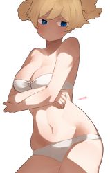 Rule 34 | 1girl, bare arms, bare shoulders, bikini, blonde hair, blue eyes, breasts, cleavage, closed mouth, cowboy shot, crossed arms, highres, large breasts, navel, original, ryusei hashida, short hair, signature, simple background, solo, stomach, strapless, strapless bikini, swimsuit, white background, white bikini