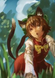 Rule 34 | 1girl, animal ears, bad id, bad twitter id, bow, brown eyes, brown hair, cat ears, cat tail, chen, crawling, fang, hat, kazusa ( 0576861614433), kouzuki kei, long sleeves, looking at viewer, md5 mismatch, mob cap, multiple tails, open mouth, shirt, short hair, skirt, skirt set, solo, tail, touhou, vest