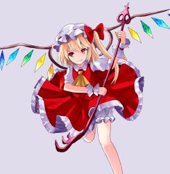 Rule 34 | 1girl, ascot, bloomers, bow, flandre scarlet, foot out of frame, grey background, hat, hat bow, hat ribbon, holding, holding polearm, holding weapon, laevatein (touhou), leaning forward, looking at viewer, mob cap, multicolored wings, polearm, puffy short sleeves, puffy sleeves, red bow, red ribbon, red skirt, red vest, ribbon, ribbon-trimmed headwear, ribbon trim, sakizaki saki-p, shirt, short sleeves, simple background, skirt, skirt set, solo, touhou, underwear, vest, weapon, white bloomers, white hat, white shirt, wings, yellow ascot