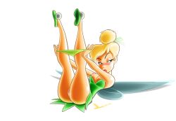 Rule 34 | 1girl, absurdres, artist logo, ass, bare arms, bare legs, bare shoulders, blonde hair, blue eyes, blush, breasts, clothes pull, colored skin, dated, disney, dltoon, dress, dress pull, eyebrows, eyelashes, eyelids, fairy, fairy wings, flats, green dress, green footwear, hair bun, hair tie, half-closed eyes, highres, insect wings, legs, legs up, lips, lipstick, looking to the side, lying, makeup, nipples, on back, open mouth, panties, panty pull, pussy, red lips, shoes, short dress, simple background, strapless, strapless dress, thighs, tinker bell (disney), transparent background, underwear, undressing, upskirt, white skin, wings