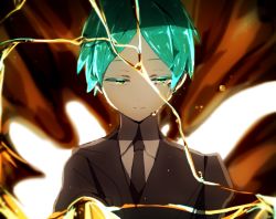 Rule 34 | androgynous, bad id, bad pixiv id, black necktie, black shirt, closed mouth, collared shirt, crack, gender request, green hair, hiiragi fuyuki, houseki no kuni, looking at viewer, necktie, phosphophyllite, shirt, short hair, smile, solo, tears, white shirt, yellow eyes