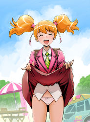 Rule 34 | 00s, 1girl, ^ ^, absurdres, bad id, bad pixiv id, blonde hair, blush, bow, bow panties, closed eyes, clothes lift, day, facing viewer, fresh precure!, highres, jacket, lifted by self, misogram, momozono love, necktie, open mouth, orange hair, outdoors, panties, pink jacket, pink skirt, pinky out, plaid, plaid panties, precure, school uniform, shirt, short hair, skirt, skirt lift, solo, striped necktie, striped neckwear, twintails, underwear, white shirt
