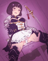 Rule 34 | 1girl, 2equal8, armor, bad link, black hair, erika (shadowverse), open mouth, purple eyes, pussy juice, pussy juice drip through clothes, shadowverse, short hair, solo, spread legs, sweat, thighhighs, weapon