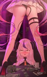 Rule 34 | 2girls, absurdres, ascot, ass, banknote, black horns, blood, blush, braid, braided bangs, commentary request, crow (la+ darknesss), cup, currency strap, demon horns, demon tail, fishnet thighhighs, fishnets, grey hair, highres, hololive, horns, la+ darknesss, la+ darknesss (1st costume), legwear garter, long hair, money, mug, multicolored hair, multiple girls, nightclub, nosebleed, open mouth, piercing, pink hair, pointy ears, prostitution, purple hair, single legwear garter, sleeveless, slit pupils, solo focus, spread legs, stage, stage lights, streaked hair, striped horns, tail, tail ornament, tail piercing, thighhighs, tokoyami towa, twintails, very long hair, virtual youtuber, yellow ascot, yellow eyes, yozora (1wkdgusdn)