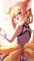Rule 34 | 1girl, animal ears, arknights, ass, blonde hair, blush, bodysuit, braid, braided hair rings, eason870408, fang, fox ears, fox girl, fox tail, from behind, green eyes, hair ribbon, hair rings, hairband, hand up, heart, highres, looking at viewer, looking back, multiple tails, nose blush, open mouth, ribbon, single wrist cuff, solo, suzuran (arknights), tail, wrist cuffs