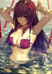 Rule 34 | 1girl, absurdres, alternate costume, armpits, arms behind head, arms up, bare arms, bare shoulders, bikini, blurry, blurry background, blurry foreground, bracelet, breasts, cleavage, collarbone, commentary request, day, depth of field, fate/grand order, fate (series), flower, gae bolg (fate), hair between eyes, hair flower, hair intakes, hair ornament, hibiscus, highres, jewelry, kunai, large breasts, long hair, medium breasts, misaki nonaka, navel, ocean, open mouth, outdoors, parted lips, partially submerged, pink bikini, purple bikini, purple hair, red bikini, red eyes, red flower, scathach (fate), scathach (fate/grand order), scathach (swimsuit assassin) (fate), solo, swimsuit, upper body, very long hair, water, weapon, wet