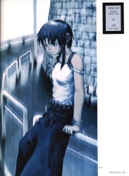 Rule 34 | 1990s (style), 1girl, abe yoshitoshi, absurdres, artbook, bare shoulders, belt, bracelet, brown eyes, brown hair, cowboy shot, female focus, highres, iwakura lain, jewelry, long skirt, looking down, official art, outdoors, railing, rain, scan, serial experiments lain, short hair, sitting, skirt, solo, strap slip, wall