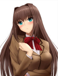 Rule 34 | 1girl, :&lt;, aozaki aoko, aqua eyes, blazer, blush, bow, bowtie, breasts, brown hair, brown jacket, buttoned cuffs, buttons, closed mouth, commentary request, dress shirt, hair between eyes, hair intakes, highres, jacket, large breasts, long hair, long sleeves, looking at viewer, mahou tsukai no yoru, red bow, school uniform, shirt, sidelocks, simple background, solo, uniform, upper body, very long hair, white background, white shirt, yuuk33
