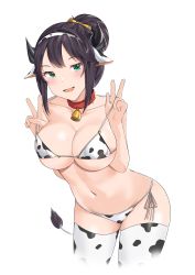 Rule 34 | 1girl, absurdres, animal ears, animal print, bell, bikini, bikini top lift, black hair, blush, breasts, cleavage, clothes lift, collar, collarbone, cow ears, cow horns, cow print, cow tail, cowboy shot, double v, fake animal ears, fake horns, fake tail, green eyes, hair bun, hair ornament, happy new year, highres, horns, large breasts, leaning forward, looking at viewer, mole, mole on breast, nasenbi, navel, neck bell, new year, open mouth, original, red collar, side-tie bikini bottom, simple background, single hair bun, skindentation, smile, solo, strap lift, swimsuit, tail, teeth, thighs, upper teeth only, v, white background