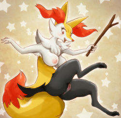 Rule 34 | 1girl, animal ear fluff, animal ears, animal nose, anus, arms up, beige background, blush, bouncing breasts, braixen, breasts, censored, creatures (company), fang, feet, female focus, fox, fox ears, fox tail, full body, furry, furry female, game freak, gen 6 pokemon, happy, holding, large breasts, looking at viewer, melonleaf, mosaic censoring, nintendo, nipples, nude, open mouth, pokemon, pokemon (creature), pussy, red eyes, smile, snout, solo, star (symbol), starry background, stick, tail