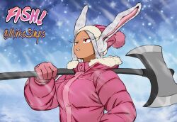 1girl animal_ears artist_collaboration artist_name axe beanie boku_no_hero_academia breasts colorized commentary dark-skinned_female dark_skin english_commentary fur-trimmed_hood fur_trim gloves hat highres holding holding_axe hood jacket long_eyelashes long_hair looking_up mirko mirkosimps outdoors over_shoulder parallaxfused parted_bangs parted_lips pink_gloves pink_hat pink_jacket rabbit_ears rabbit_girl red_eyes snow solo twitter_username upper_body weapon weapon_over_shoulder white_hair