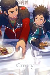 Rule 34 | 2boys, :t, black hair, blurry, chewing, cup, curry, depth of field, drinking glass, eating, echo (circa), food, gloves, goggles, green eyes, holding, holding spoon, holding tray, ikoma tatsuhito, kazama souya, long sleeves, looking at another, looking to the side, male focus, multiple boys, outstretched arm, red eyes, short hair, sitting, spoon, table, tray, world trigger