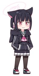 Rule 34 | 1girl, animal ears, black footwear, black hair, black jacket, blue archive, blush, brown pantyhose, cat ears, closed mouth, commentary request, drawstring, extra ears, full body, green sailor collar, halo, hands in pockets, harada (sansei rain), hood, hood down, hooded jacket, jacket, kazusa (blue archive), multicolored hair, pantyhose, pink hair, pleated skirt, red eyes, sailor collar, school uniform, shoes, short hair, skirt, smile, solo, standing, transparent background, two-tone hair, white skirt