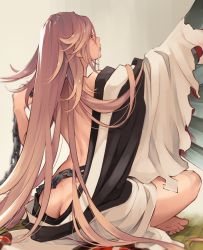 Rule 34 | 1girl, ass, baiken, barefoot, butt crack, chain, feet, guilty gear, guilty gear xrd, hair down, highres, jako (toyprn), japanese clothes, kataginu, kimono, long hair, looking up, mouth hold, multicolored clothes, multicolored kimono, pink hair, scar, scar across eye, scar on face, sitting, solo, tatami, toes, torn clothes, undressing