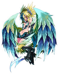 Rule 34 | 1girl, bare shoulders, blonde hair, blue hair, choker, facial mark, feathers, full body, hair ornament, hairclip, harpy, kenkou cross, leather, lightning bolt symbol, looking at viewer, midriff, monster girl, monster girl encyclopedia, monster girl encyclopedia ii, multicolored hair, navel, official art, one eye covered, open mouth, pointy ears, simple background, solo, talons, thunderbird (monster girl encyclopedia), tongue, tongue out, twintails, two-tone hair, white background, winged arms, wings