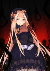 Rule 34 | 1girl, abigail williams (fate), black hat, blonde hair, bloomers, blue eyes, blurry, bow, closed mouth, commentary request, cowboy shot, depth of field, dress, expressionless, eyes visible through hair, fate/grand order, fate (series), floating hair, from below, hair bow, hat, highres, holding, holding stuffed toy, hugging object, light particles, long hair, long sleeves, looking at viewer, maru (maru1625), multiple hair bows, noose, orange bow, polka dot, polka dot bow, red background, revision, short dress, sidelocks, silhouette, sleeves past fingers, sleeves past wrists, solo, standing, straight hair, stuffed animal, stuffed toy, teddy bear, underwear, very long hair, white bloomers