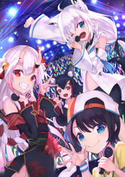 Rule 34 | absurdres, animal ear fluff, animal ears, arm up, bare shoulders, bell, black hair, black kimono, black shirt, black shorts, braid, claw pose, concert, detached sleeves, double bun, fams (group), fox ears, fox girl, fox tail, glowstick, gradient hair, green eyes, grin, hair bell, hair between eyes, hair bun, hair ornament, hat, highres, holding, holding microphone, hololive, hood, hoodie, horns, japanese clothes, kimono, long hair, looking at viewer, masaki (msk064), mask, mask on head, microphone, multicolored hair, nakiri ayame, nakiri ayame (1st costume), one eye closed, oni mask, ookami mio, ookami mio (1st costume), oozora subaru, open hand, open mouth, peaked cap, red eyes, red hair, shirakami fubuki, shirakami fubuki (1st costume), shirt, shorts, sidelocks, single braid, skin-covered horns, smile, tail, two-tone hair, v, virtual youtuber, white hair, white hoodie, wolf ears, wolf girl, wolf tail, wristband, yellow eyes, yellow shirt