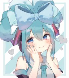 Rule 34 | 1girl, aqua nails, blue nails, bow, cinnamiku, hands on own cheeks, hands on own face, hatsune miku, heart, highres, long hair, looking at viewer, nail polish, necktie, otintin, shirt, solo, striped, striped background, twintails, vocaloid