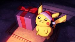 Rule 34 | :3, box, brown eyes, christmas, commentary, creature, creatures (company), dark, english commentary, game freak, gen 1 pokemon, gift, gift box, hat, highres, looking up, marik bentusi, night, nintendo, outdoors, pikachu, pokemon, pokemon (creature), santa hat, snowing, solo, standing