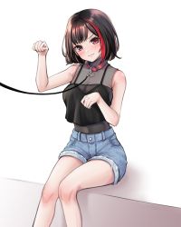 Rule 34 | &gt;:(, 1girl, angry, bang dream!, bare legs, black camisole, black hair, blush, breasts, camisole, camisole over clothes, cleavage, closed mouth, collar, cutoffs, denim, denim shorts, feet out of frame, frown, head tilt, highres, leash, looking at viewer, medium breasts, mitake ran, multicolored hair, paw pose, ptal, purple eyes, red collar, see-through, short hair, shorts, sitting, sleeveless, solo, spaghetti strap, streaked hair, v-shaped eyebrows, white background