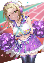 Rule 34 | 1girl, absurdres, birthday, black thighhighs, blonde hair, breasts, check commentary, cheerleader, cleavage, commentary request, confetti, headphones, headphones around neck, highres, large breasts, looking at viewer, love live!, love live! school idol festival, love live! sunshine!!, miniskirt, ohara mari, pom pom (cheerleading), sidelocks, skirt, smile, solo, thighhighs, yamaori (yamaorimon), yellow eyes