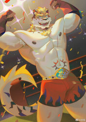 Rule 34 | 1boy, abs, animal ears, armpit hair, armpit peek, bara, biceps, brown gloves, confetti, cowboy shot, double biceps pose, facial hair, flame print, flexing, frde, furry, furry male, gloves, glowing, glowing eyes, goatee, grin, gyee, highres, large pectorals, male focus, mature male, muscular, muscular male, navel, nipples, original, pectorals, ponytail, red shorts, romg, romg the jaguar, short hair, shorts, smile, solo, stomach, stomach tattoo, tail, tail raised, tattoo, thick eyebrows, thick thighs, thighs, tiger boy, tiger ears, tiger tail, topless male, wrestling outfit, wrestling ring
